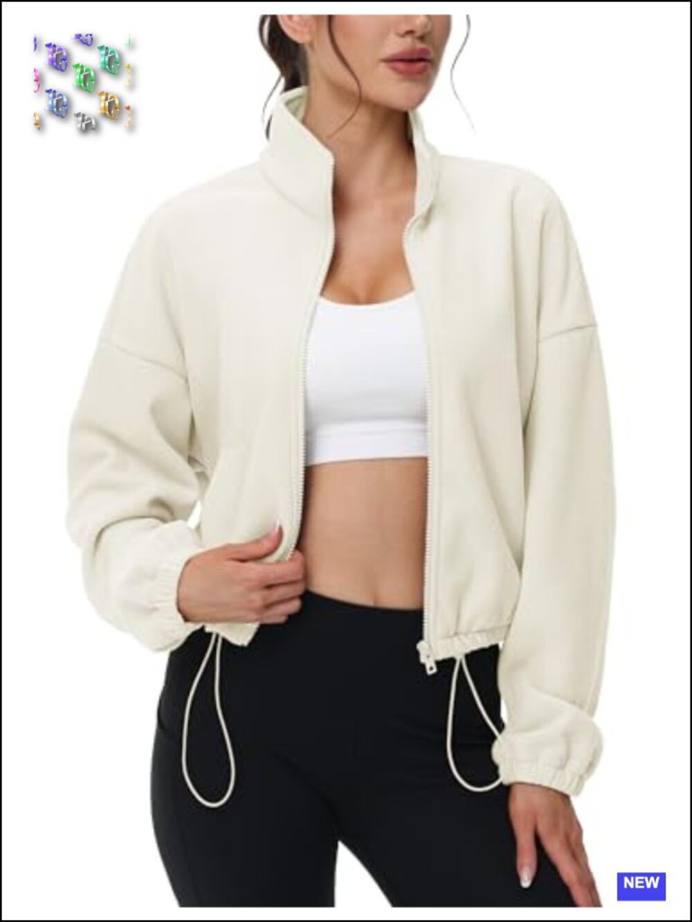 Cropped Fleece Jacket Full Zip Stand Collar Long Sleeve Sherpa with Pockets